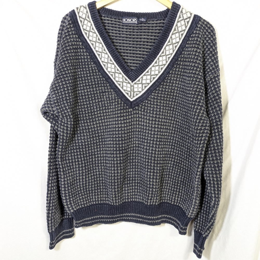 Vintage Men's Honors‎ V-Neck Tennis Sweater Cotton Ramie Blend Comfort Warm XL